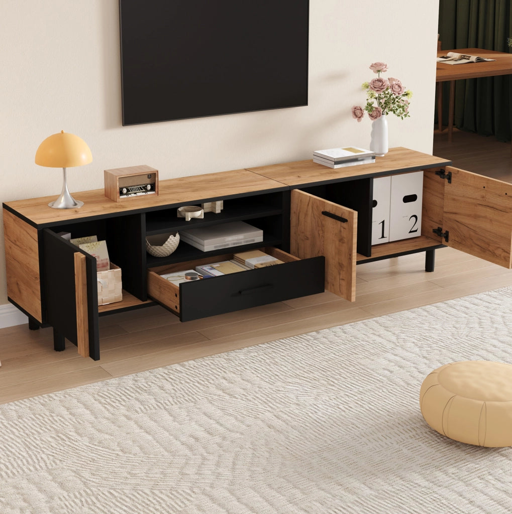 Mobile TV 180 cm nero e legno con 3 ante e cassetto