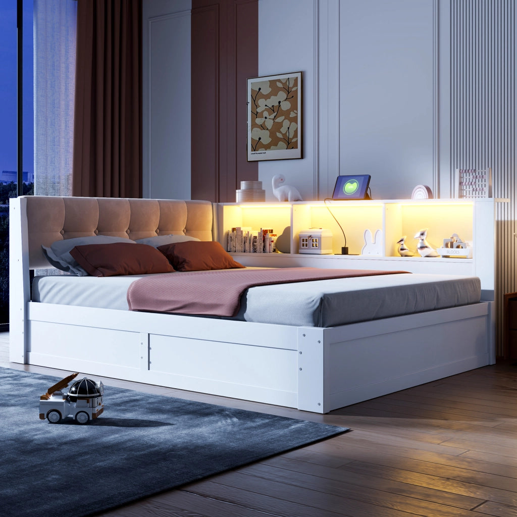 Letto Contenitore Letto Singolo 140x200 cm; con USB; LED e Scaffale laterale in Bianco