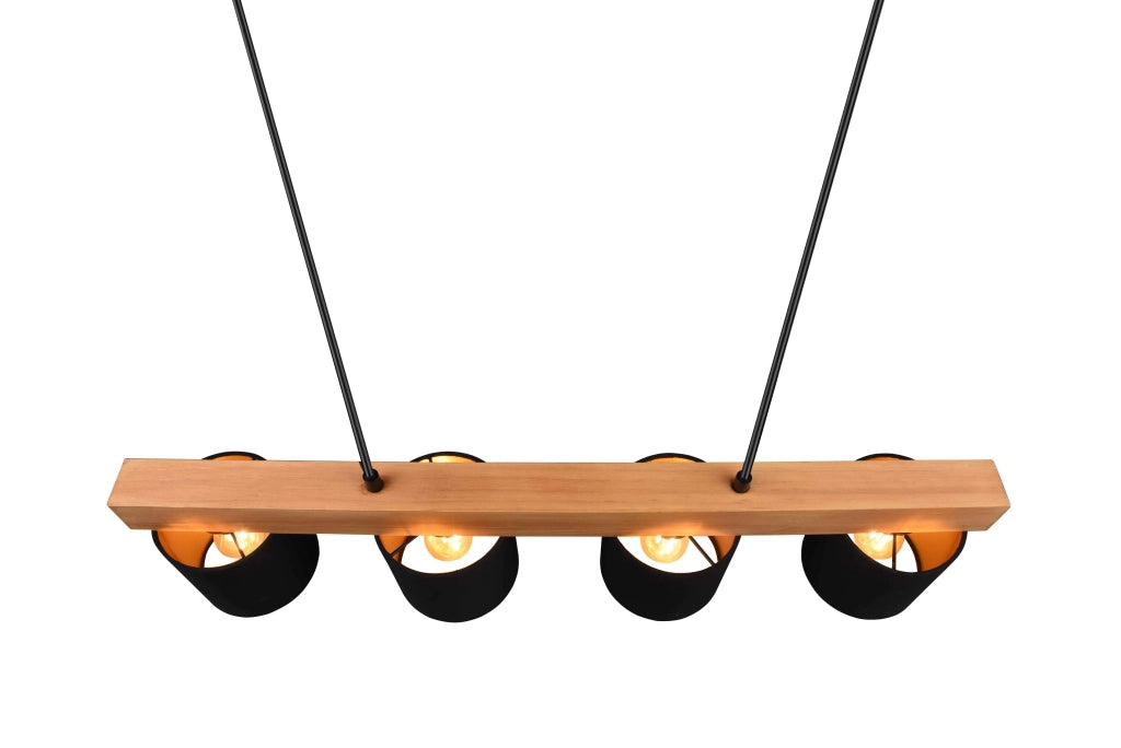 Lampada a sospensione 4 paralumi, legno, nero, L 75 cm, Cameron