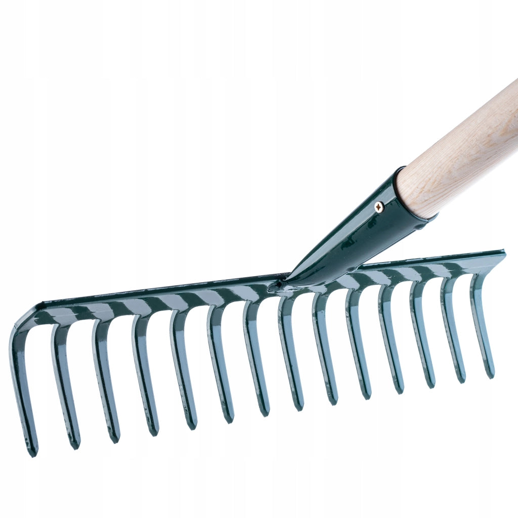 Rastrello per foglie KADAX per giardino, con manico in legno, lunghezza 138 cm, 14 denti, robusto.