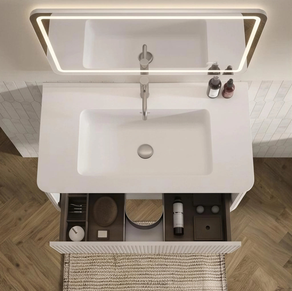 Set mobili bagno bianco sospeso con lavabo e colonna in MDF