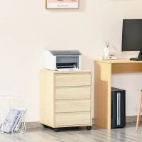 Mobiletto per Ufficio con 4 Cassetti Scorrevoli e Rotelle, in Legno Effetto Legno Chiaro