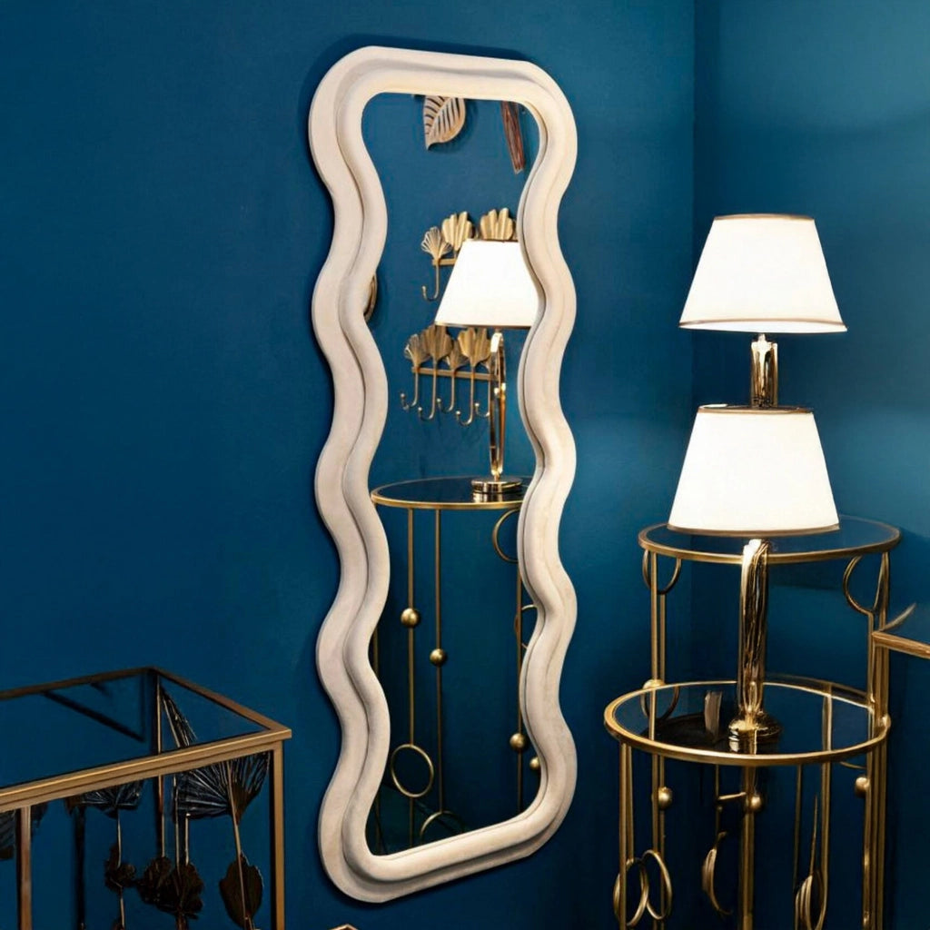 Specchio Allen, Specchiera, Articolo d'arredo a muro, Decorazione con specchio, 60x6 h160 cm, Crema