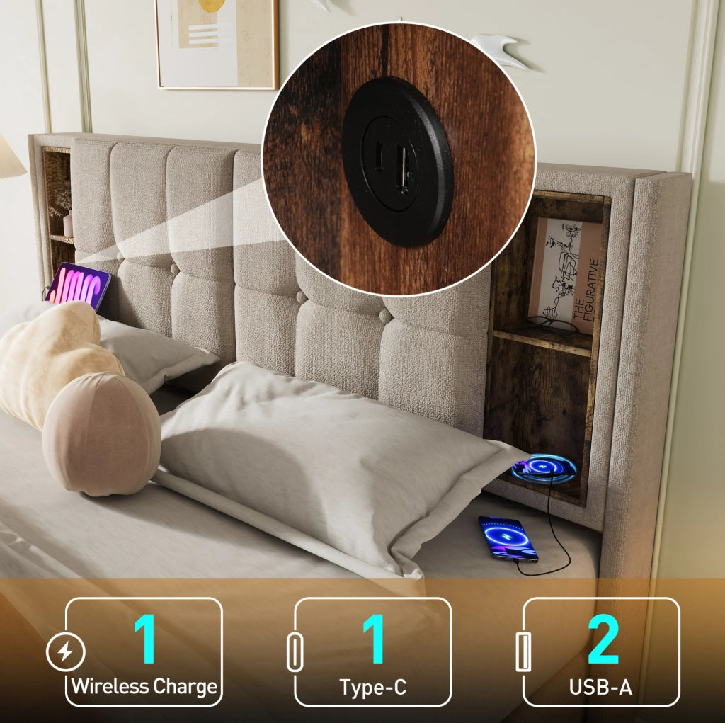 Letto contenitore 140x200 cm con ricarica wireless; USB e USB-C; in lino naturale con materasso