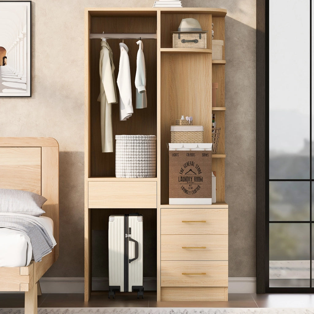Scaffale guardaroba moderno con appendiabiti ripiani a più livelli e cassetti in MDF color legno 70 × 55 × 175 cm