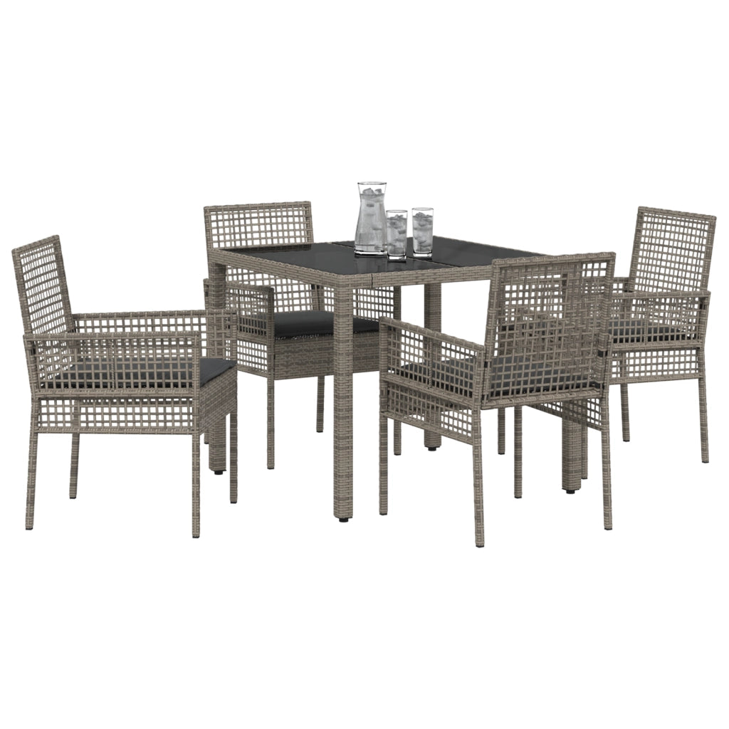 Set da pranzo da giardino a 5 pezzi con cuscini grigi in polyrattan