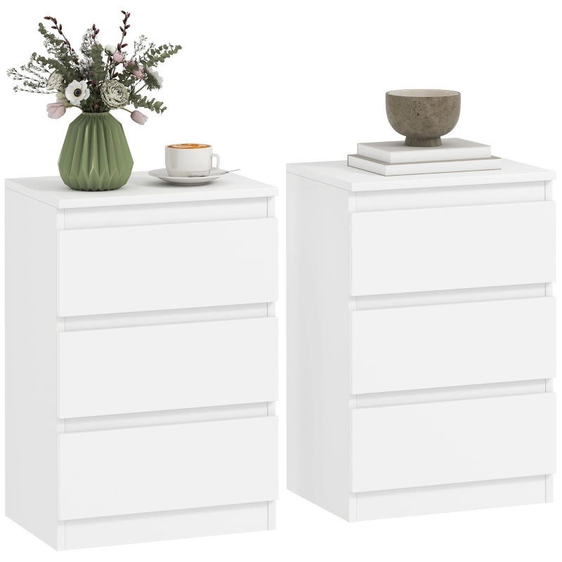 Set di 2 comodini moderni con 3 cassetti, struttura in MDF, finitura bianca, 40 x 30 x 59,5 cm