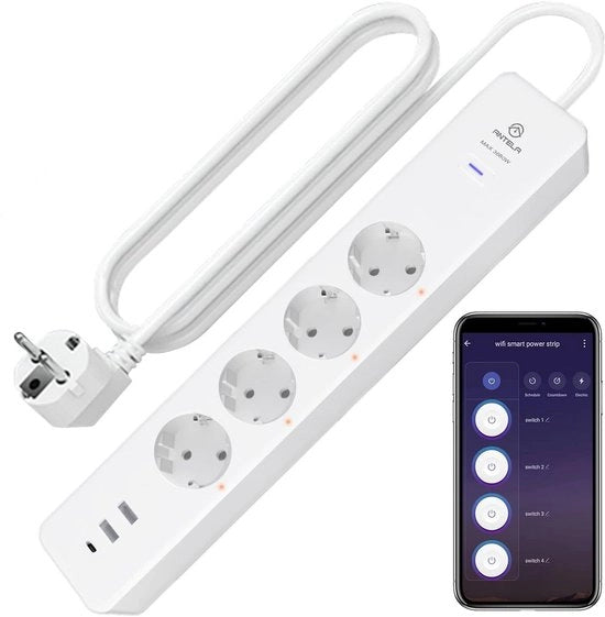 Scatola di Presa Intelligente con 4 Prese, 3 Porte USB, Misuratore di Corrente e Timer