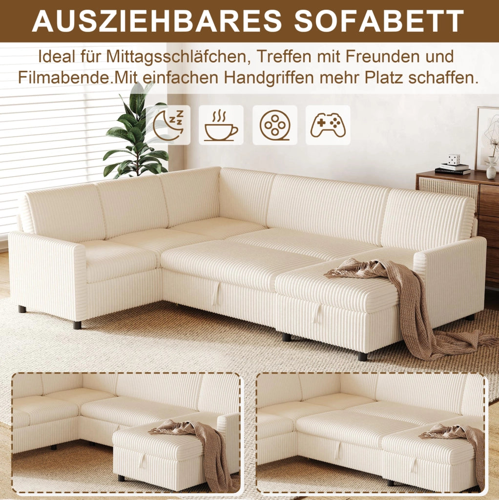 Divano letto a U con contenitore; corduroy beige; 274x220x85 cm