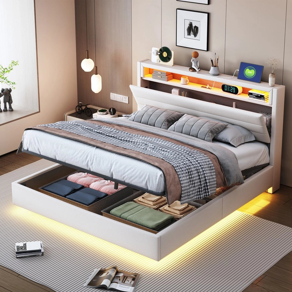 Letto Imbottito Contenitore 140x200 con LED e USB ¨C Xylo ¨C Testiera Reversibile, Tessuto Beige