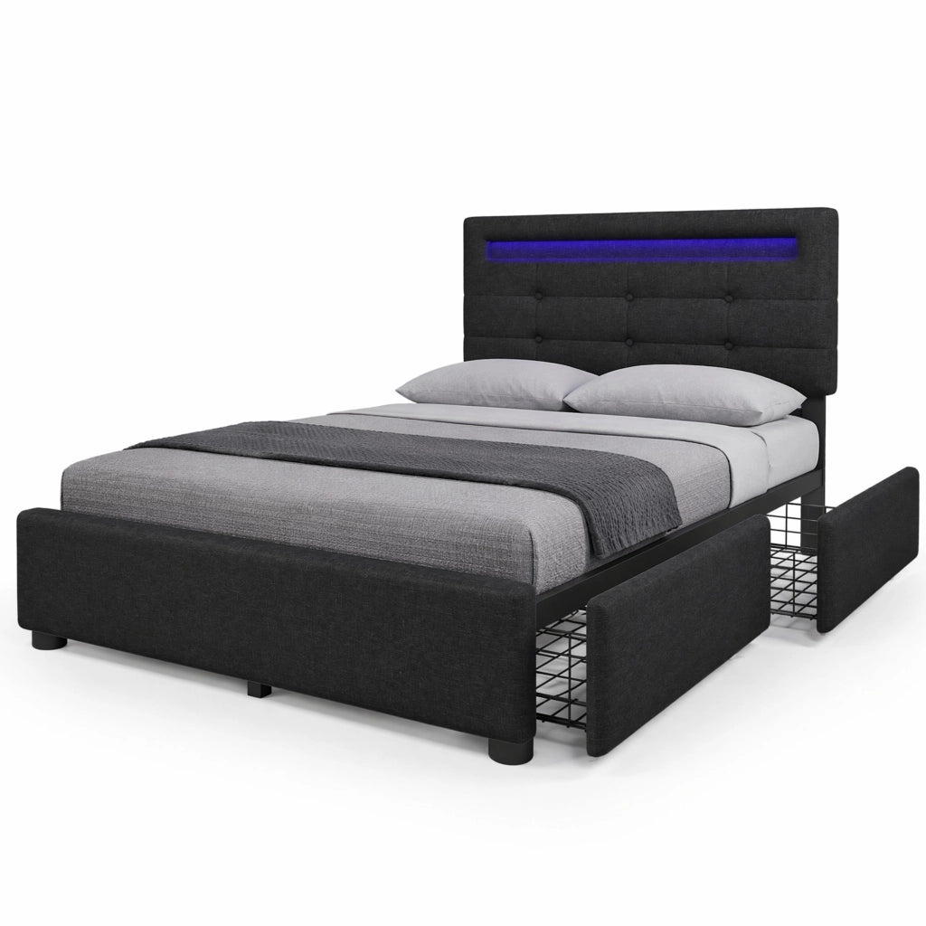 DESMIU Letto singolo 90 × 200 cm con LED, 2 cassetti e materasso incluso, in lino, nero