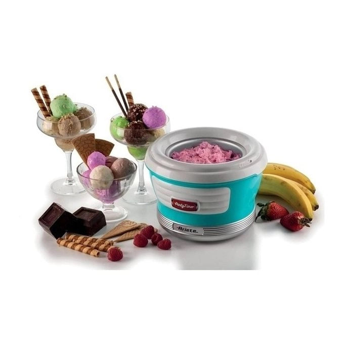 Ariete 643 Ice Cream Maker Party Time, Macchina per fare il gelato, 12W, Capacità 1,5 L, Cestello estraibile con doppio isolamento, Tempo preparazione 30 minuti, Coperchio per aggiunta ingredienti, Azzurro