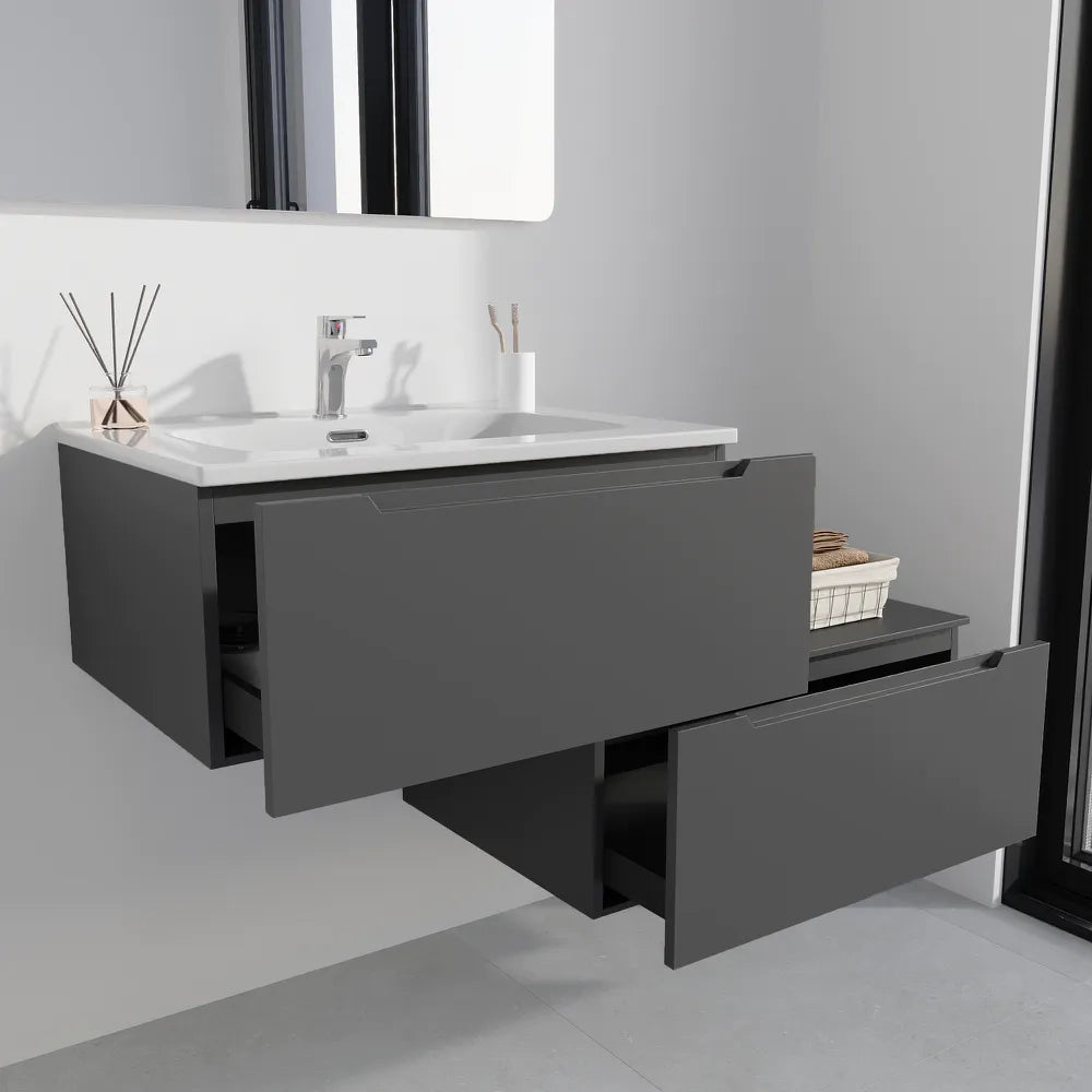 Mobile bagno sospeso modulare 60 cm grigio opaco due cassetti con lavabo | Bako