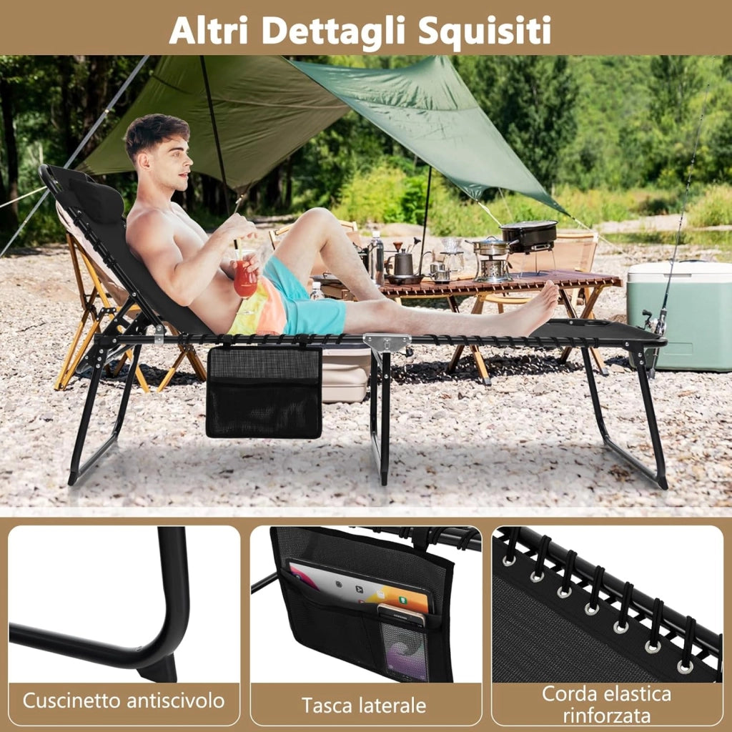 Lettino da Spiaggia Pieghevole Portatile, Sdraio da Mare con Schienale Regolabile 4 Posizioni, Tasca Laterale e Poggiatesta Staccabile, per Giardino e Campeggio, Portata 150 kg (Nero)