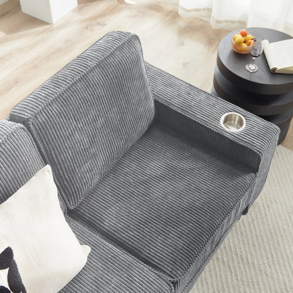 Divano a 3 posti in velluto a coste con portabicchieri e comfort ergonomico per soggiorno grigio 206 cm