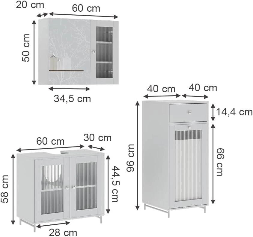 Set di mobili da bagno Malte, Bianco, 60 cm, composto da mobile sottolavabo, specchiera e mobile medio