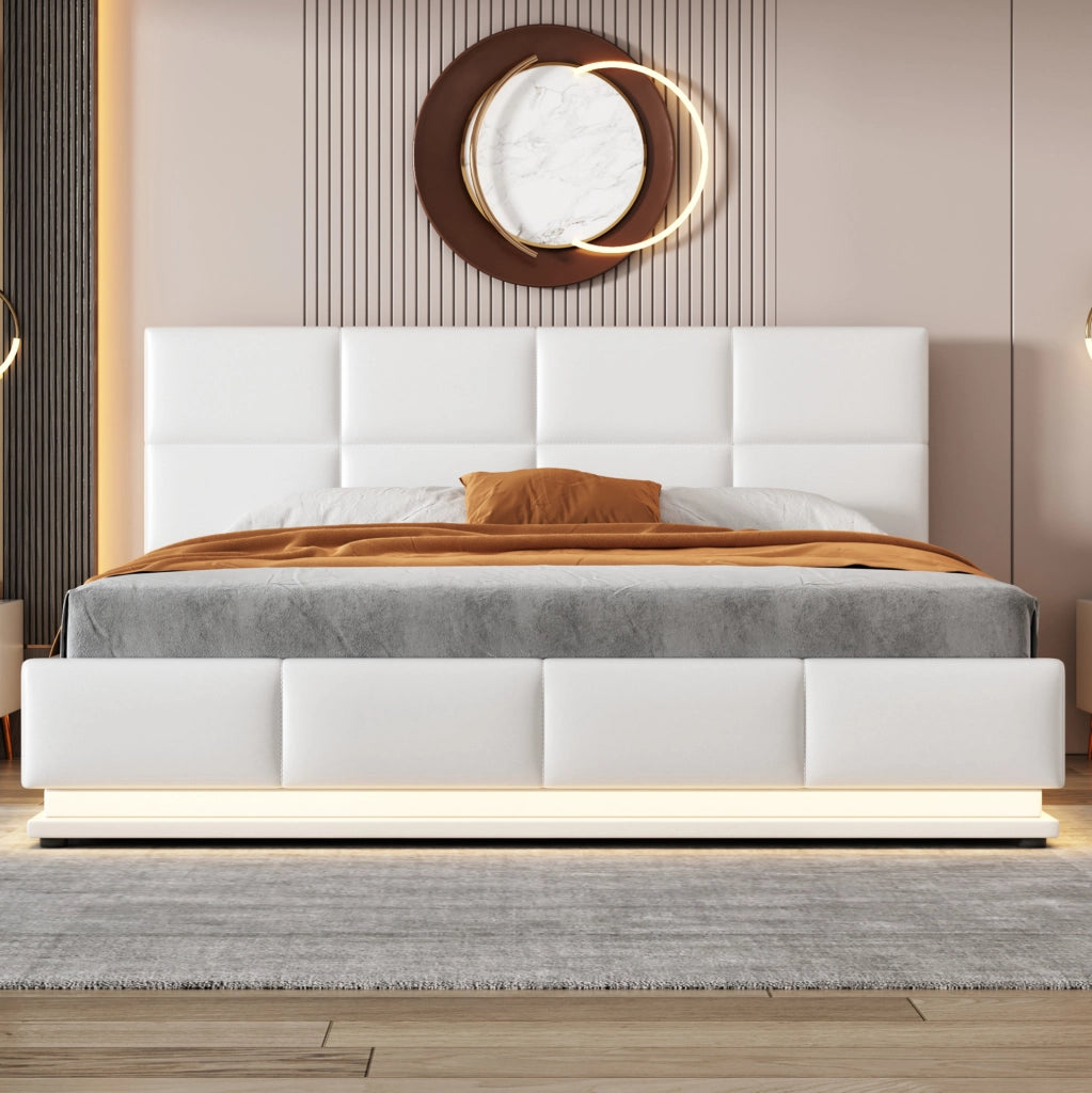 Letto imbottito 160x200 cm con LED e contenitore in similpelle bianco