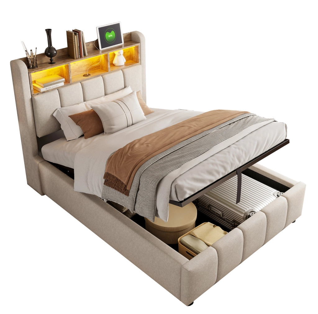 Letto imbottito 90x200 cm con LED; contenitore in lino beige