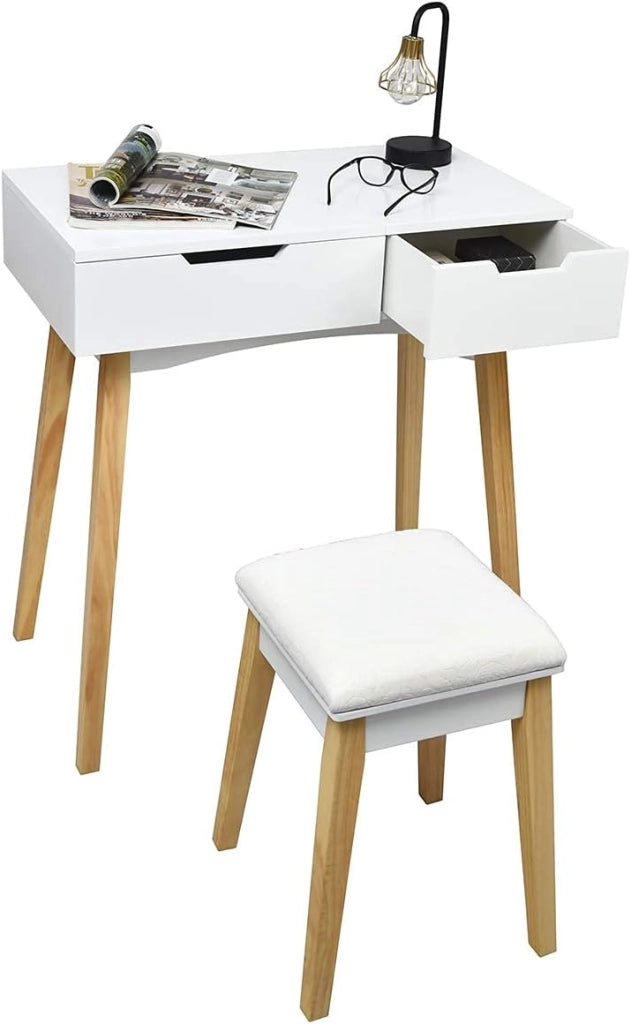 Tavolo da toeletta con sgabello e specchio pieghevole, in legno con cassetto, facile da montare per camera da letto, bagno, bianco