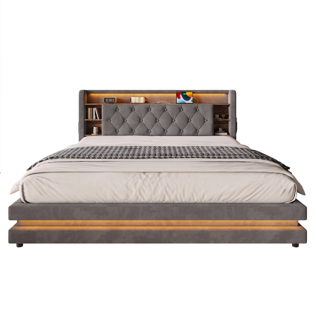 Letto imbottito 180x200 cm con contenitore; LED e USB in velluto grigio scuro