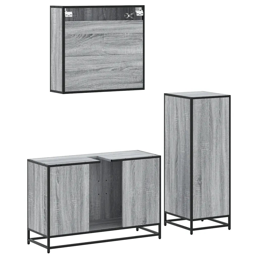 Set Mobili da Bagno 3 pz Grigio Sonoma in Legno Multistrato