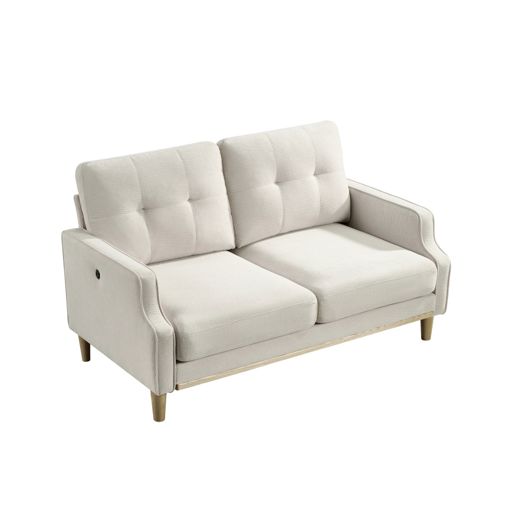 Divano 2 Posti con Porta USB e Braccioli dal Design, in Legno e Tessuto Beige 135 × 72 × 85 cm