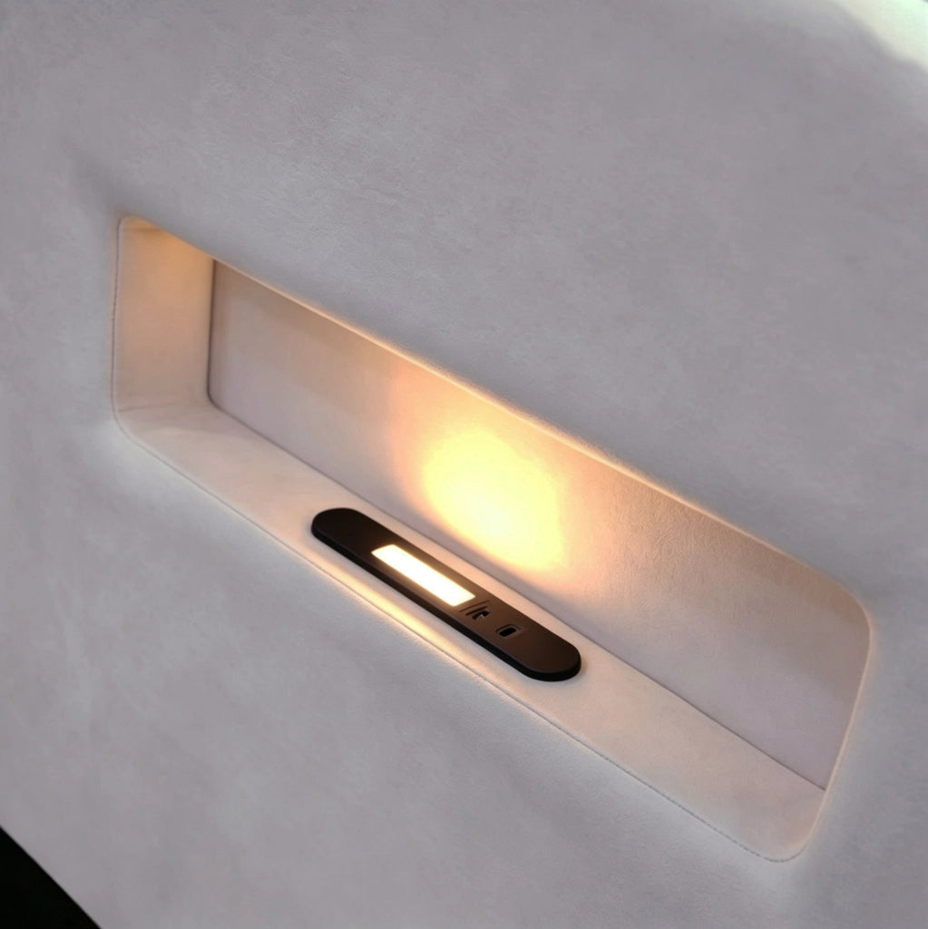 Letto imbottito per bambini 90x200 cm in velluto grigio chiaro con testiera a orecchie; USB; luce e cassetti
