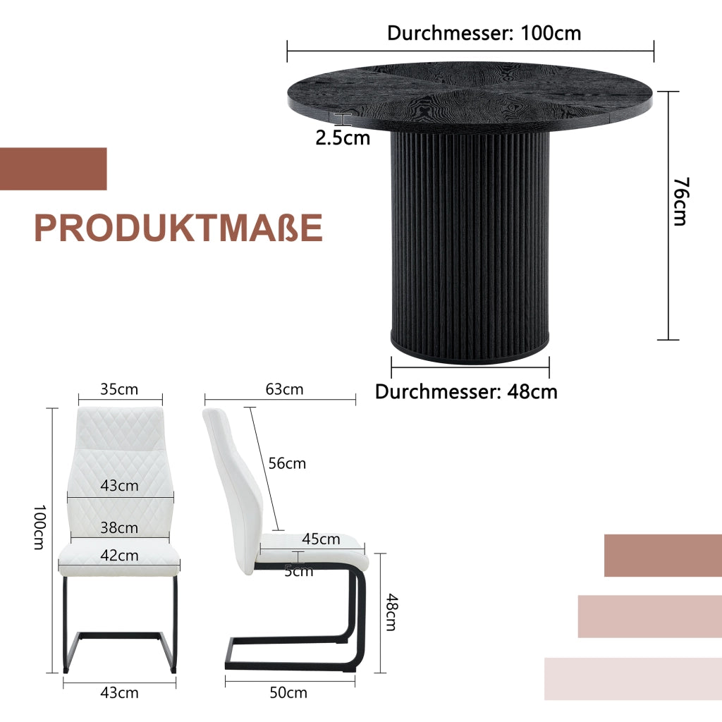 Tavolo da Pranzo Rotondo con 2 Sedie ¨C MINIMAL ¨C MDF Nero, Gambe Cilindriche, 100 cm