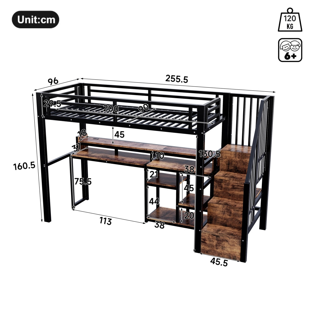 Letto a soppalco in metallo 90x200 cm, letto alto per bambini e ragazzi con scala contenitore, prese USB/Type-C, ripiano e illuminazione LED, nero