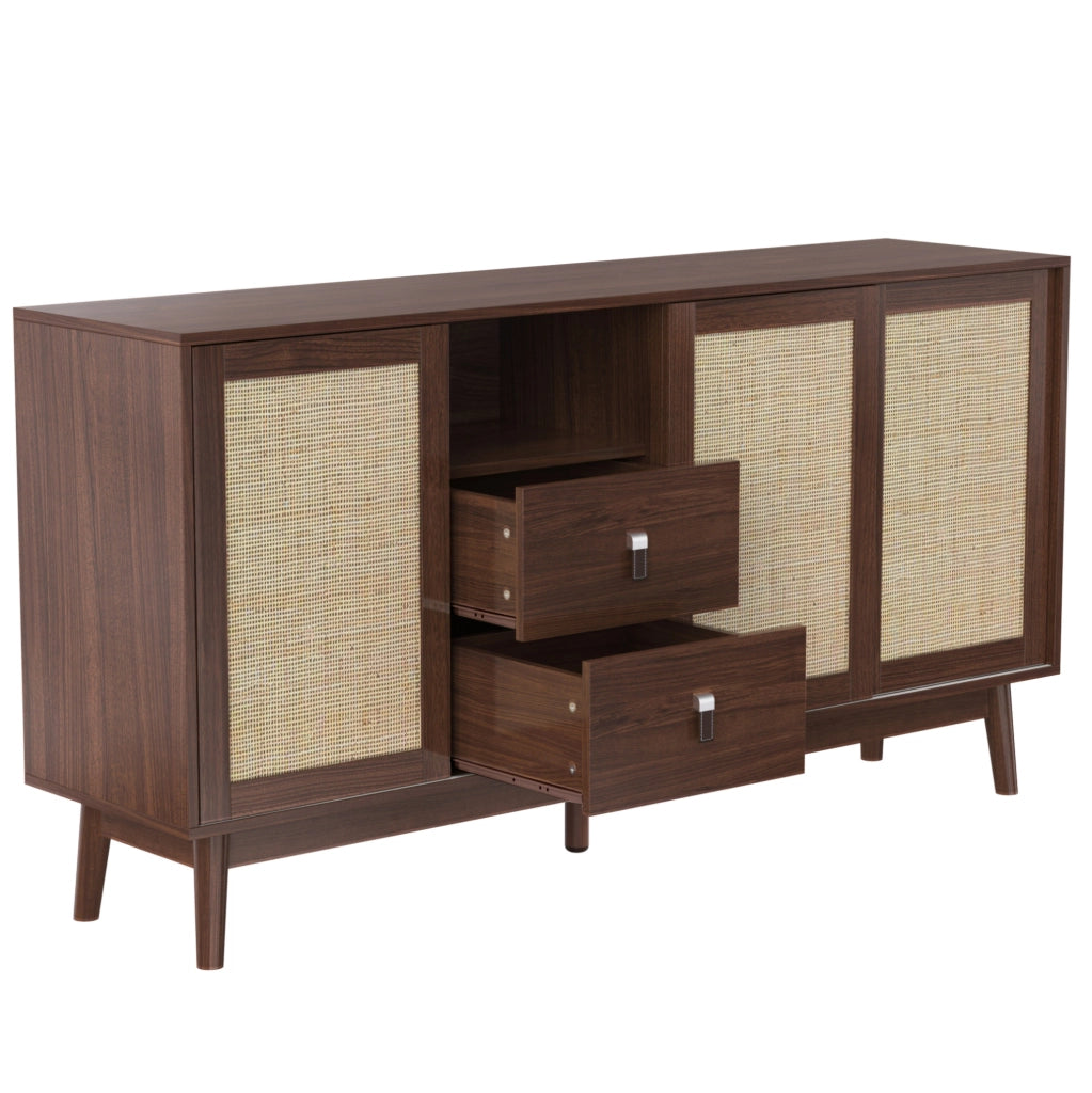 Sideboard 155x38x80 cm con 3 ante scorrevoli in rattan e 2 cassetti
