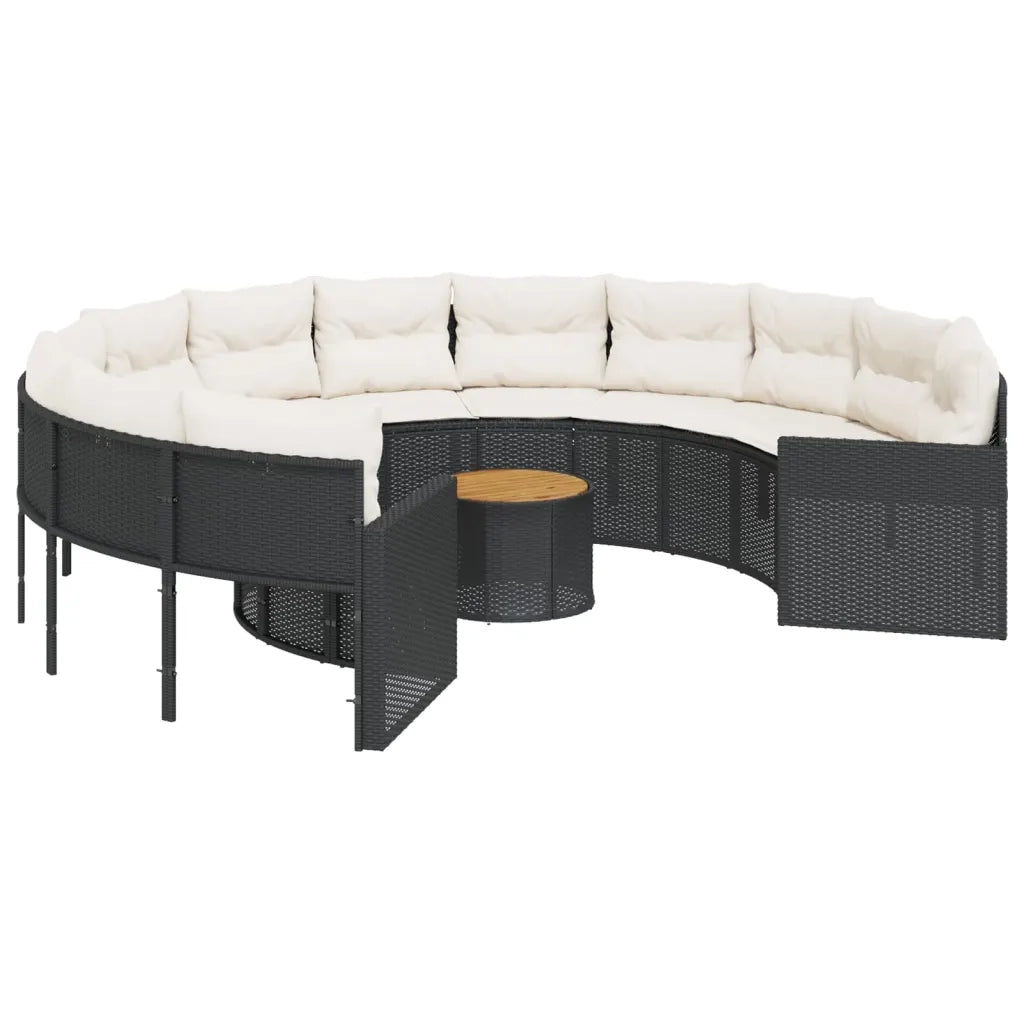 vidaXL Divano Giardino con Tavolo e Cuscini Circolare Nero Polyrattan