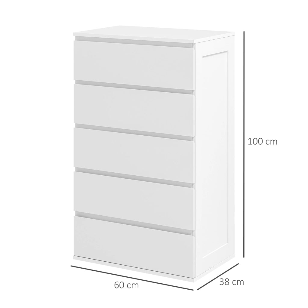 EasyComfort Cassettiera 5 Cassetti in Legno con Maniglie Scanalate, 60x38x100cm, Bianco