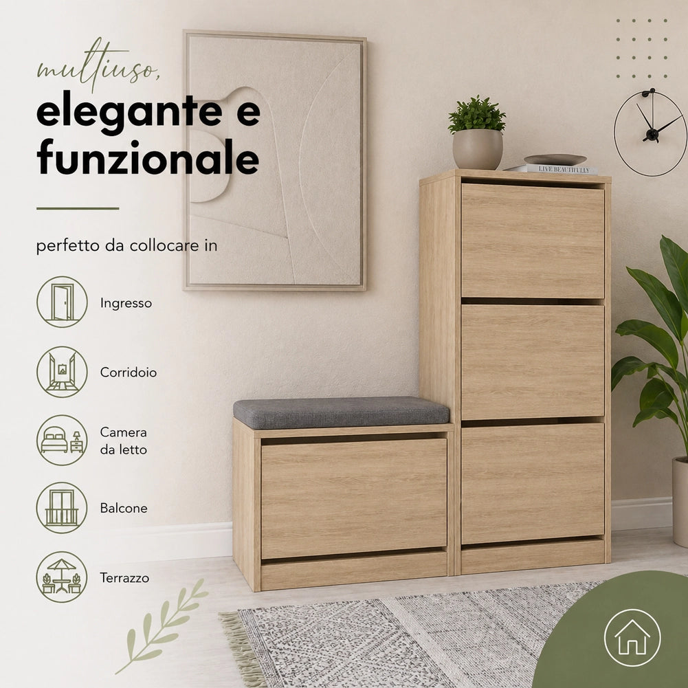 Scarpiera Salvaspazio 3 Ante Mobile Portascarpe 105x118,5 cm Multiuso Quercia
