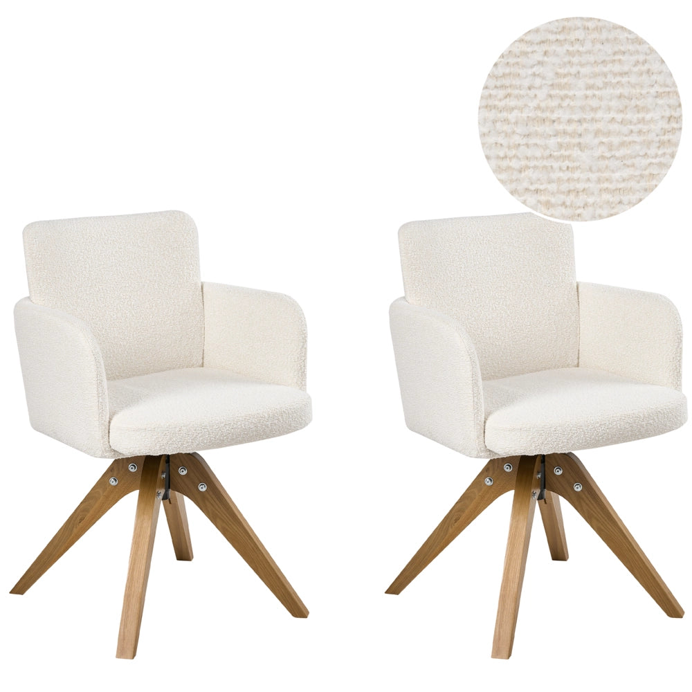 Set di 2 sedie da pranzo girevoli Boucle Rivestimento in tessuto bianco sporco Base con gambe in legno girevoli in metallo