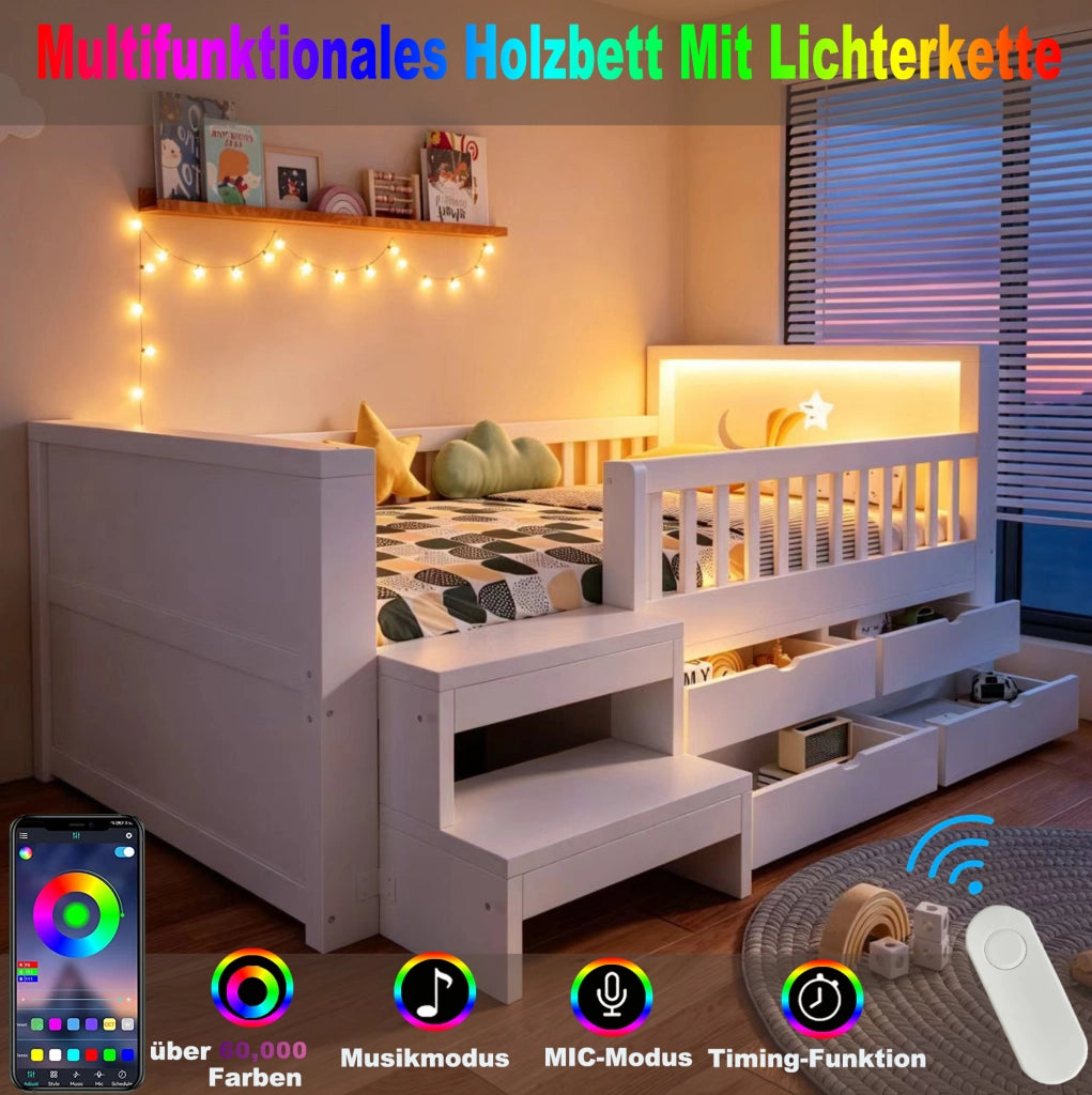 Letto per bambini 90 x 200 cm con LED, cassetti e sponde bianche