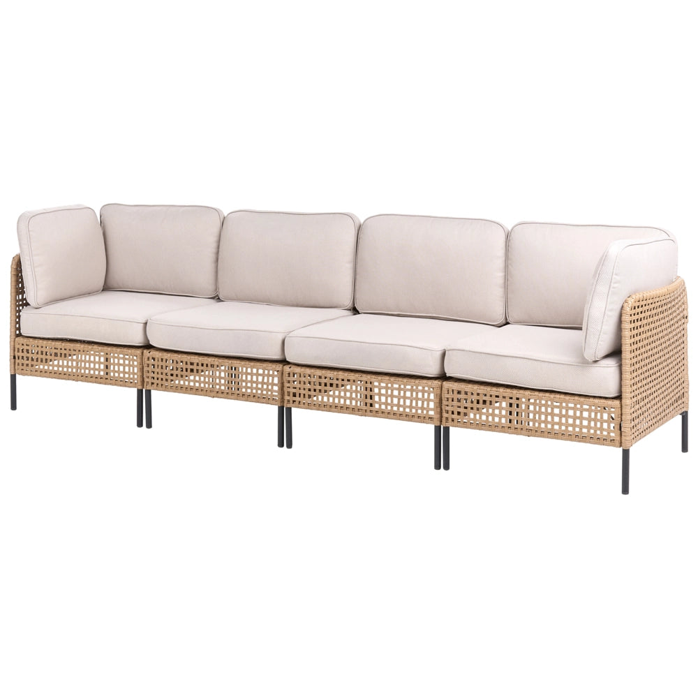 Divano da esterno con tavolino in rattan PE beige chiaro a 4 posti con struttura in metallo cuscini per seduta e schienale piano in vetro