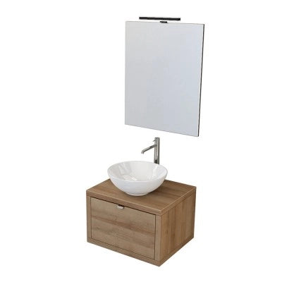 Mobile bagno sospeso 60 cm rovere miele con lavabo a bacinella e specchio Master