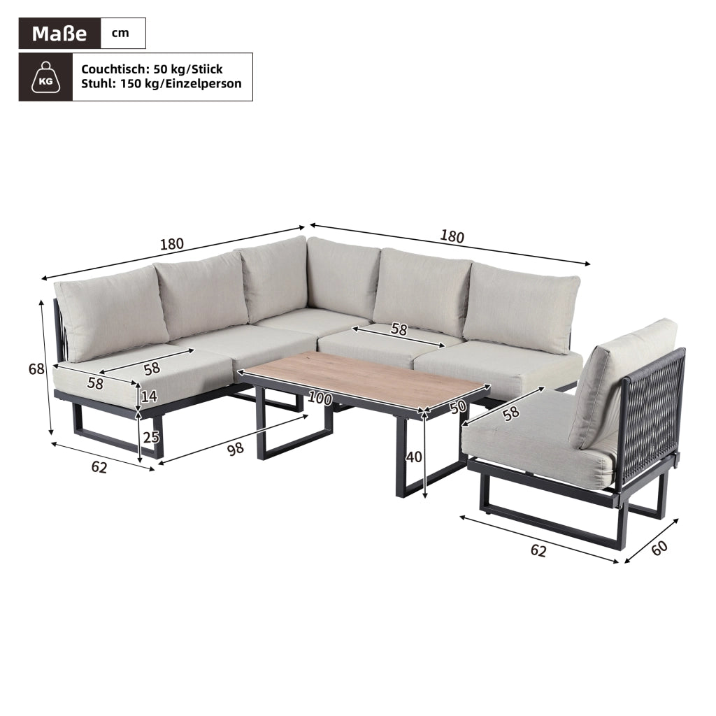 Set mobili giardino: sdraio + Divanooo angolare + lettino reclinabile + tavolino; trasformabile; acciaio; grigio