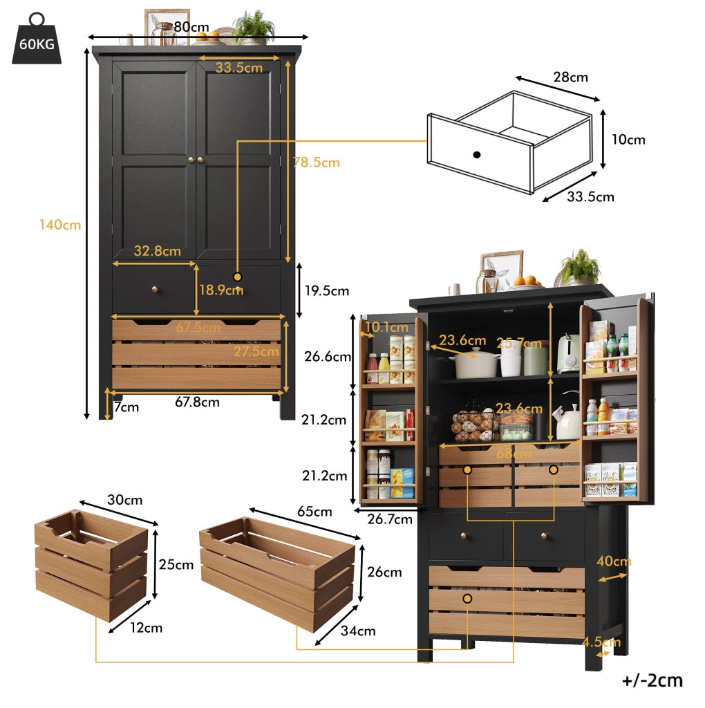 Credenza alta da cucina 80x40x140 cm nera con 2 ante e 5 cassetti