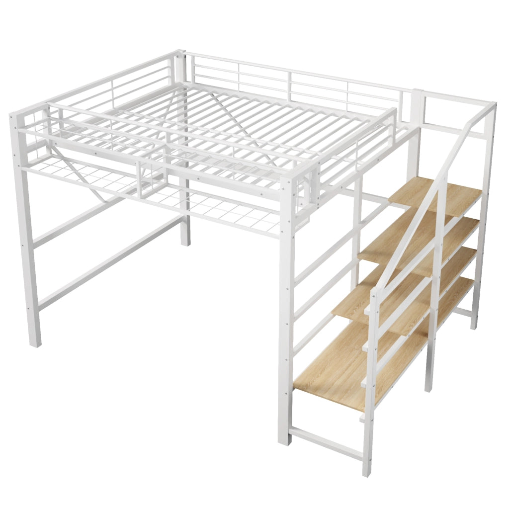 Letto a soppalco ULEVR 140x200 cm con LED, scaletta con ripiani e cestino contenitore, bianco