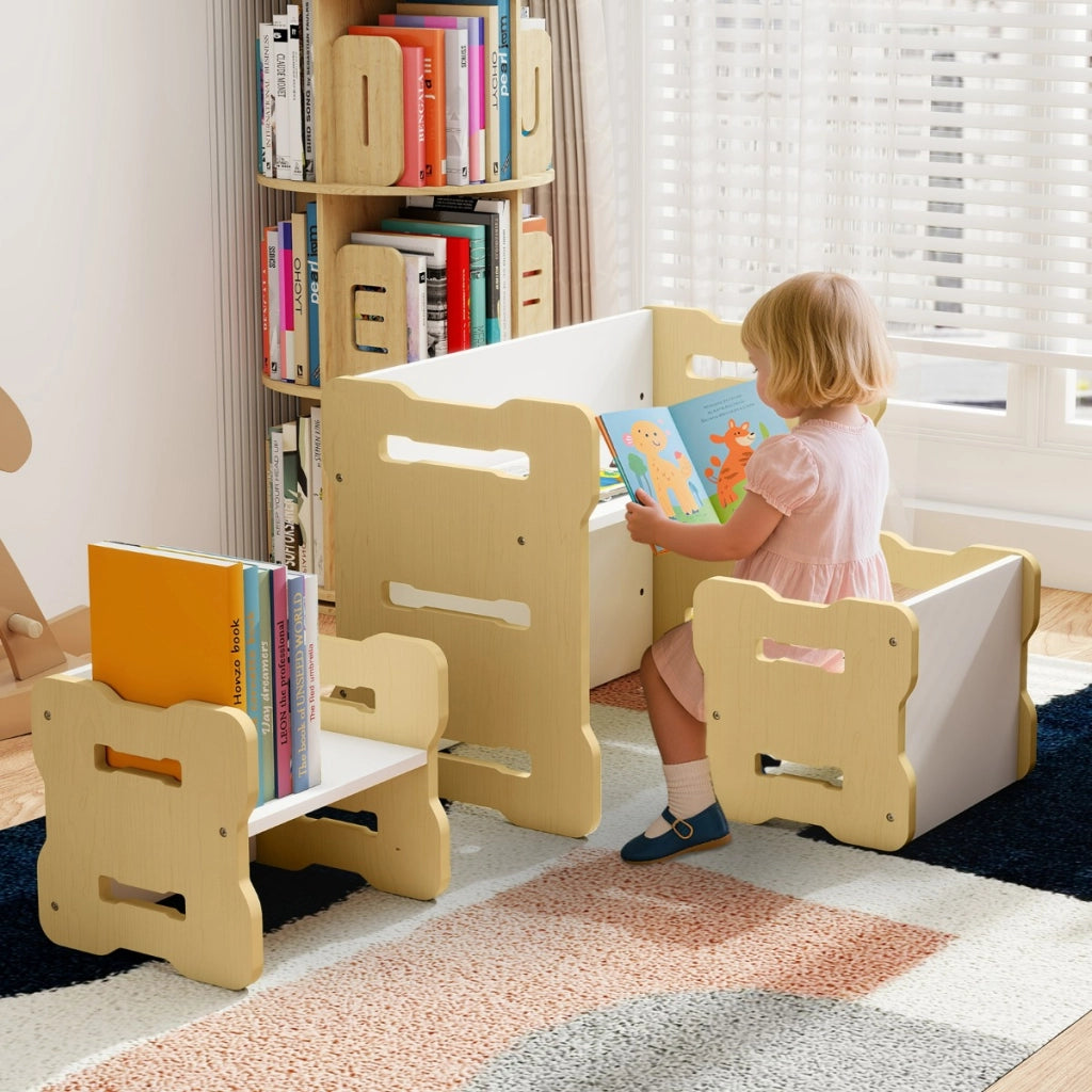Set 3 pezzi per bambini con 2 sgabelli e tavolo attivit¨¤, Set tavolo e sedia per bambini per casa e asilo Legno naturale