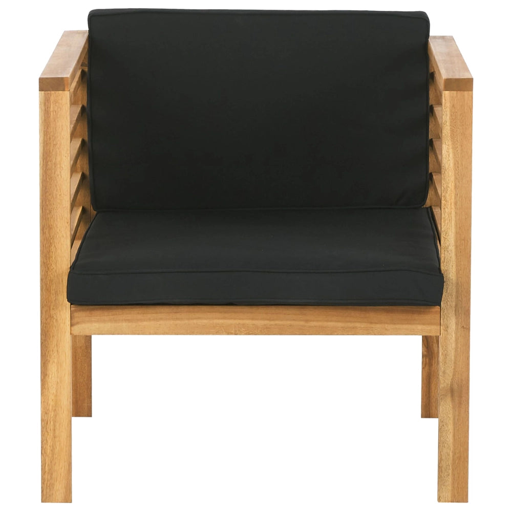 Set Conversazione Giardino Legno Acacia Cuscini Neri Moderno Esterno 4 Posti con Tavolino