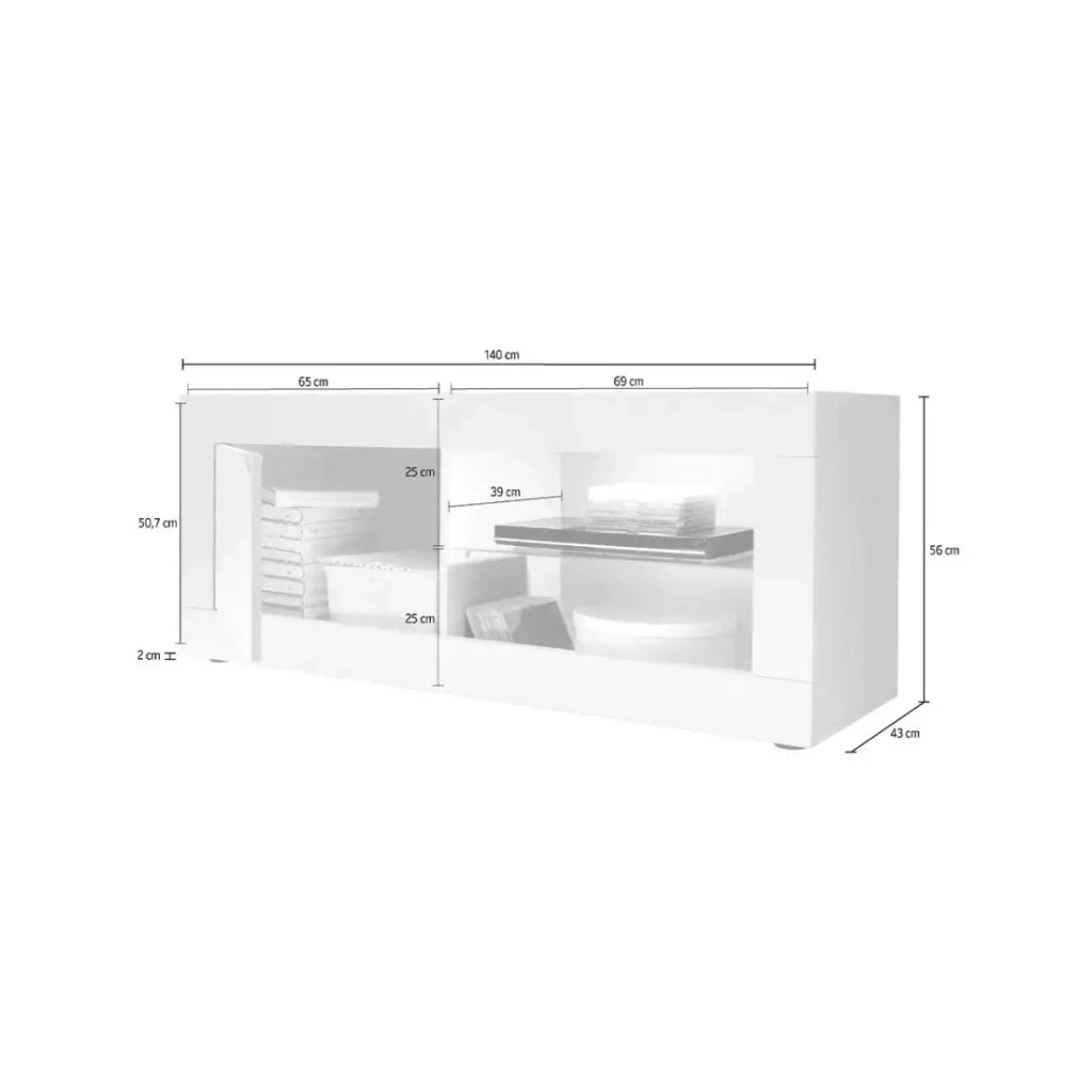 Mobile TV 1 porta, collezione ISORA, colori bianco lucido laccato e grigio effetto cemento