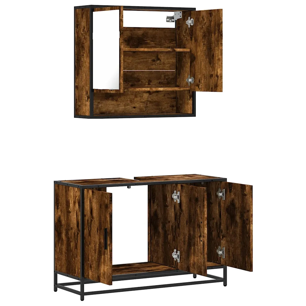 Set Mobili da Bagno | Armadio da bagno 2 pz Rovere Fumo in Legno Multistrato