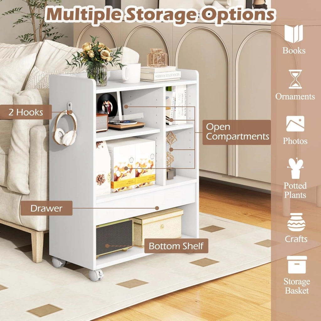Mobile Porta Stampante con Cassetto, Ganci, Protezione Bordo, Ripiani Regolabili, e Ruote Bloccabili, Schedario da Ufficio in Legno， Mobiletto da Archivio, 63,5 x 30 x 84,5 cm (Bianco)