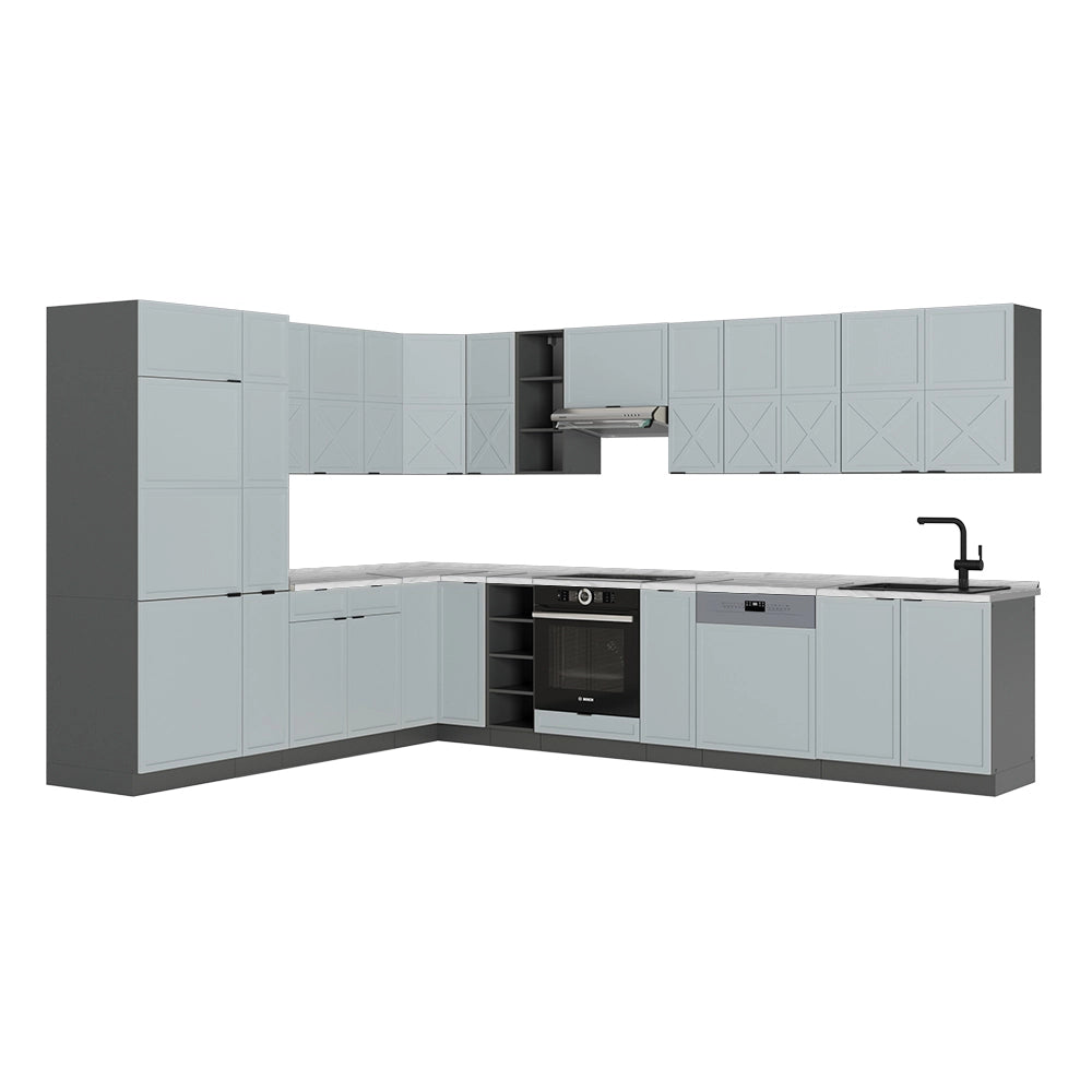 Cucina angolare completa Fame-Line Blu-grigio chiaro/Antracite 347 x 60 cm, PL Marmo Vicco