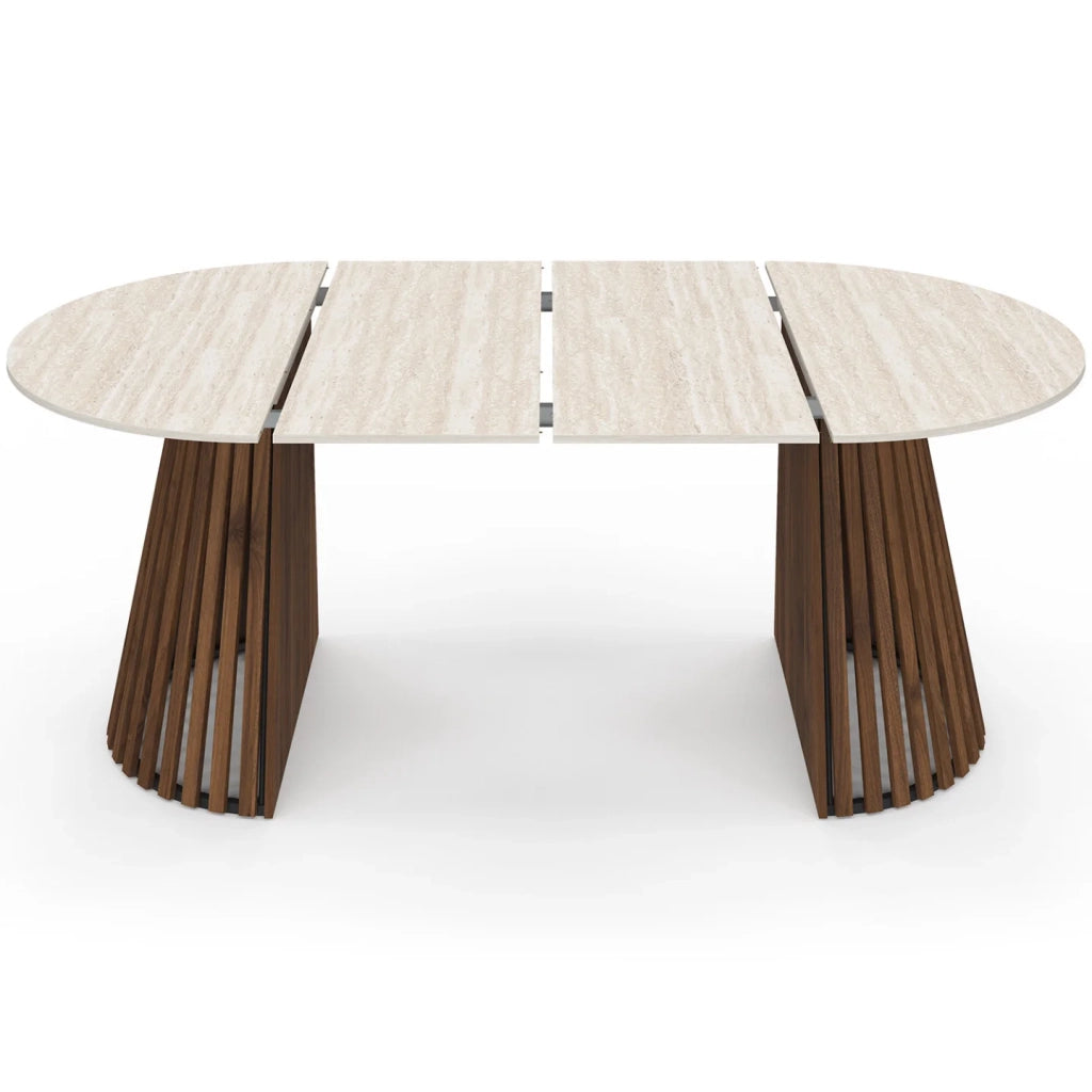 IDMarket - CARMEN tavolo da pranzo rotondo allungabile 4-10 persone con gambe a doghe in noce e piano effetto travertino 110-200 cm