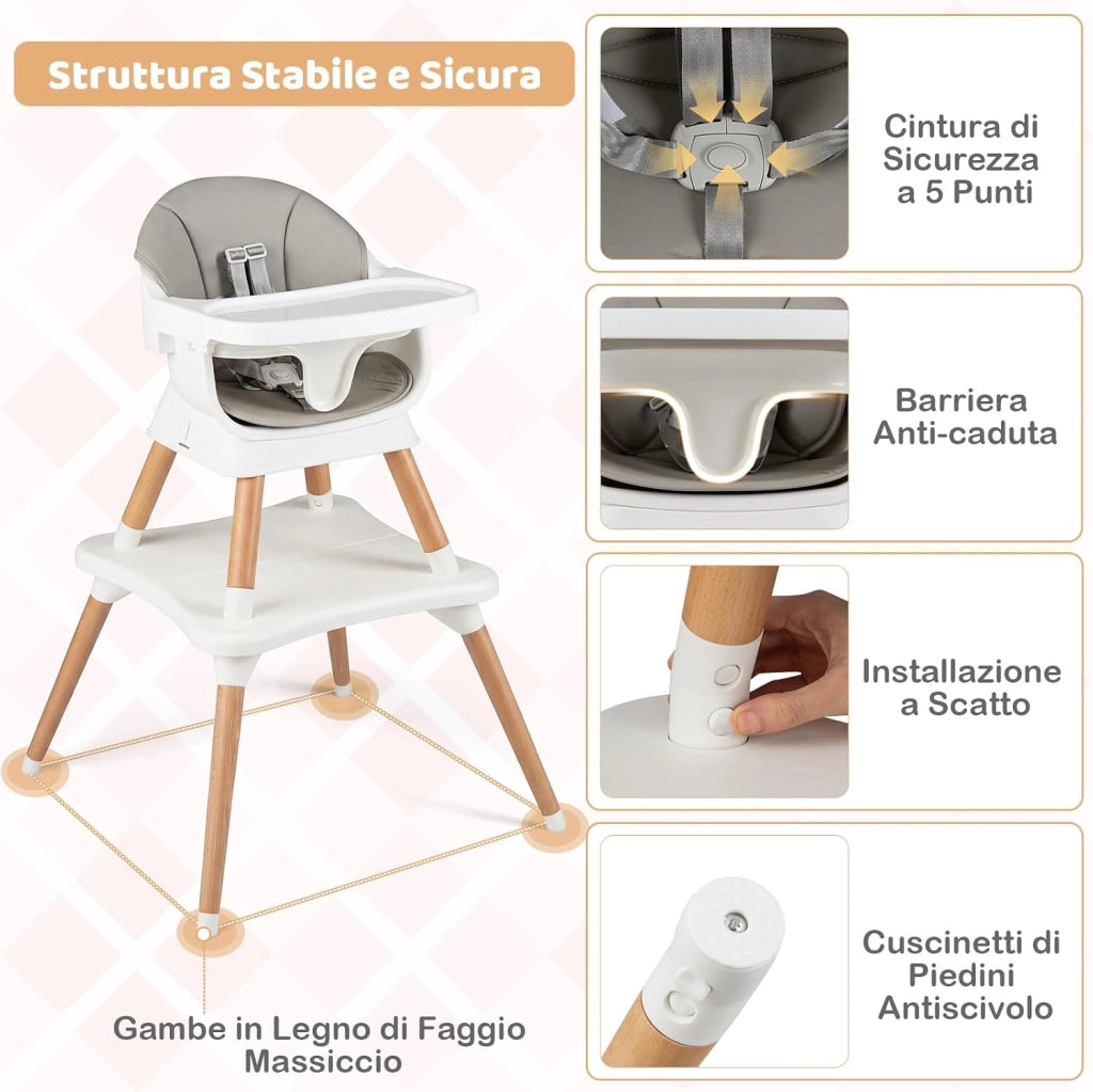 Seggiolone Pappa per Bambini, Seggiolone Convertibile con Cintura e Vassoio Rimovibile, Sedia Evolutiva per Neonati, Telaio in Legno Massello, per Neonati 6-36 Mesi (Grigio Chiaro)