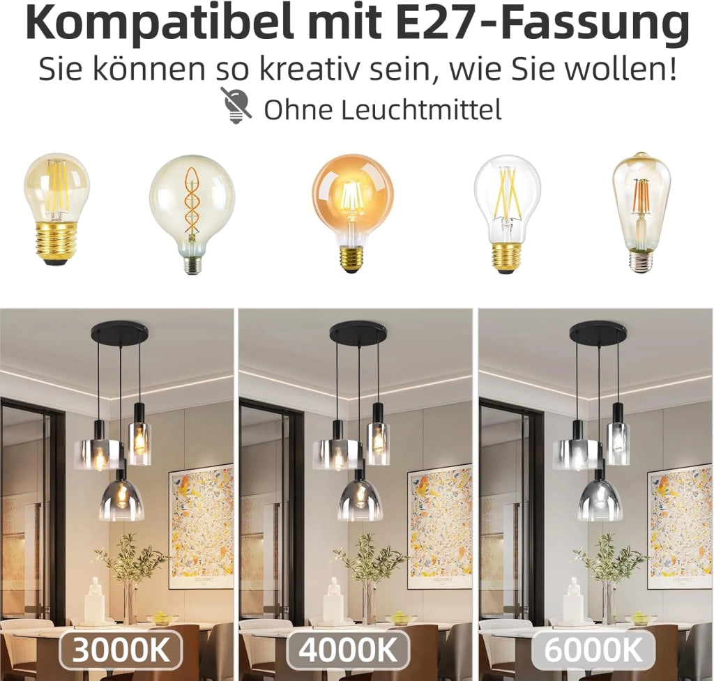 ZMH Lampada a Sospensione 3 Luci E27 Vintage Vetro Fum¨¦ Altezza Regolabile per Cucina Camera Senza Lampadina