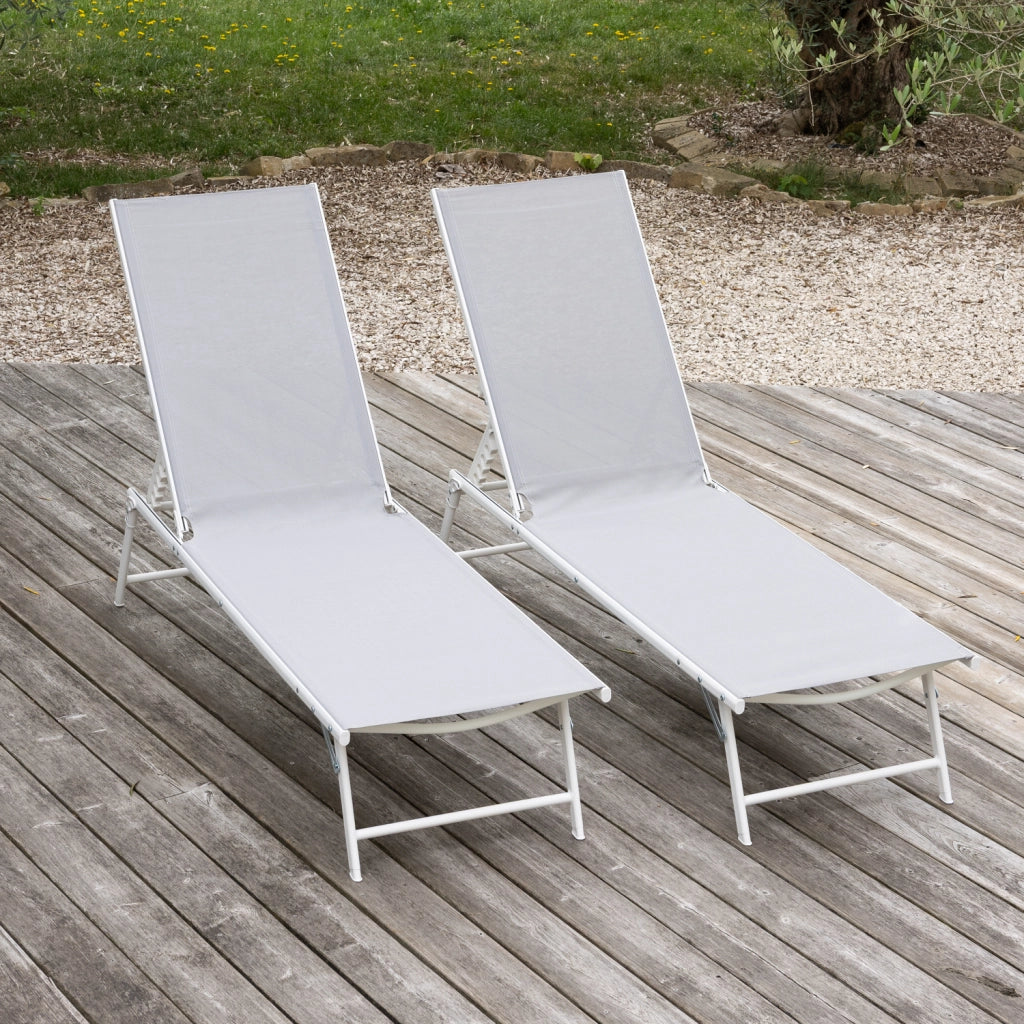Set di 2 lettini pieghevoli SICILIA in textilene grigio - struttura bianca